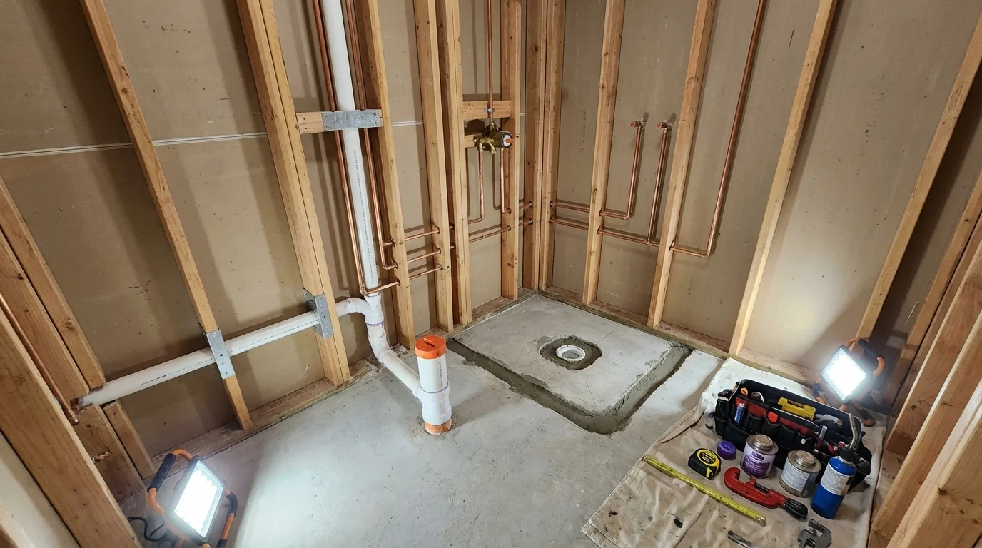 Bathroom rough-in plumbing during remodel by Johns Plumbing LLC in Blossom