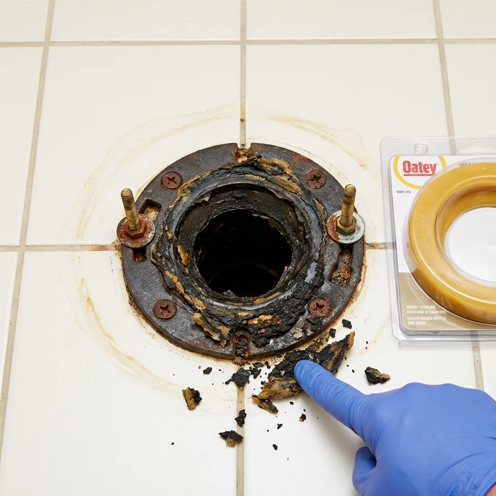 Failed wax ring showing water seepage at the base of a toilet in a Blossom, TX home